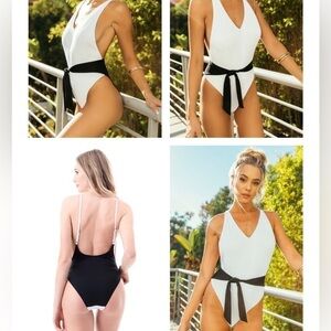 NWT Luxe Rib Contrast Tie Wrap One Piece color block B&W size Small​​​​​​​​​​